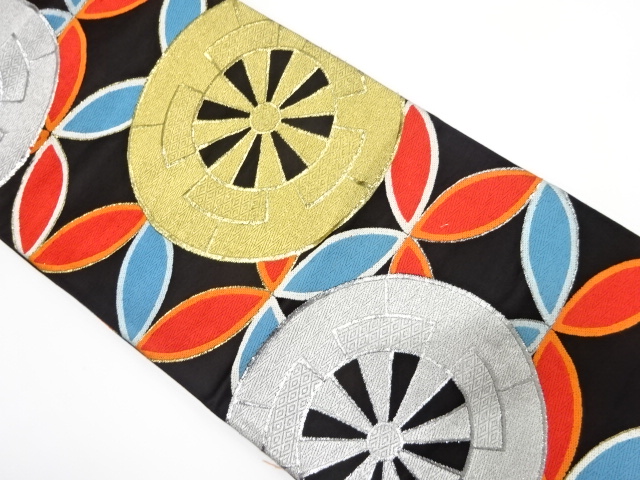 JAPANESE KIMONO / ANTIQUE FUKURO OBI / WOVEN WHEEL & SHIPPO PATTERN